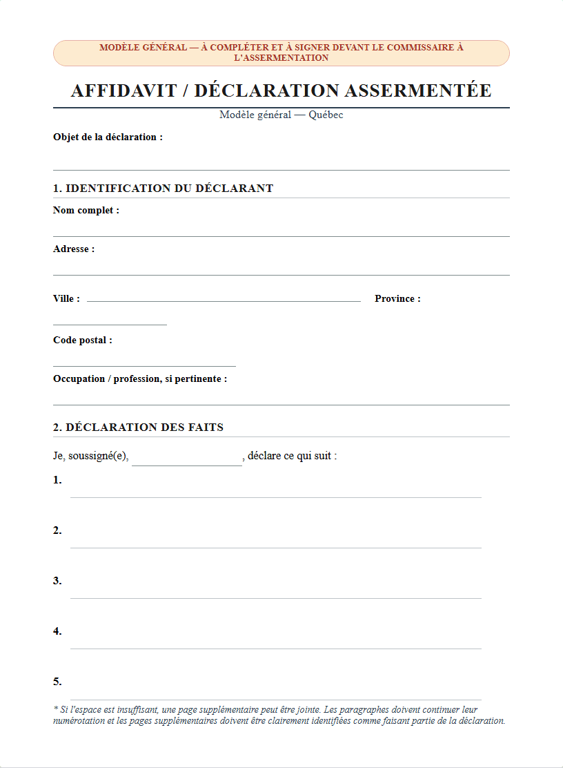 Modèle d'affidavit au Québec