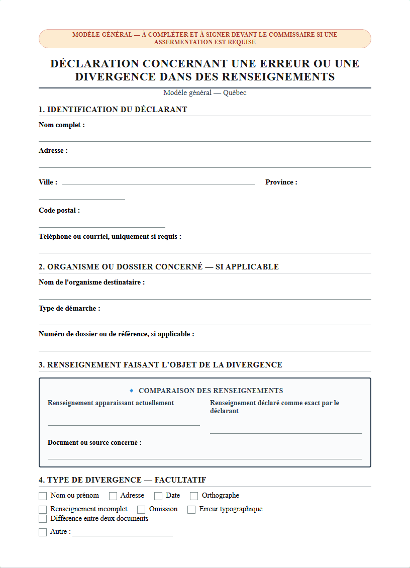 Modèle de déclaration d'erreur ou de divergence de renseignements