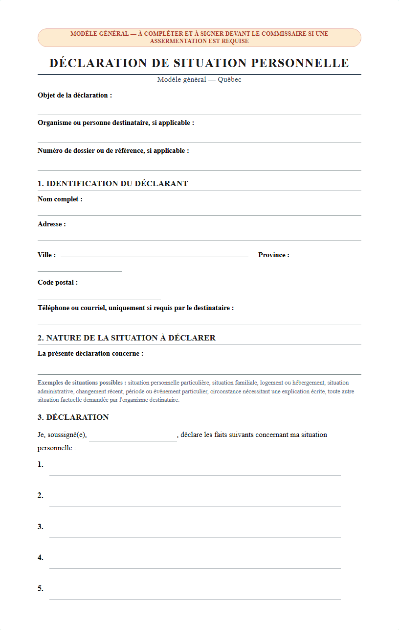 Modèle de déclaration de situation personnelle au Québec