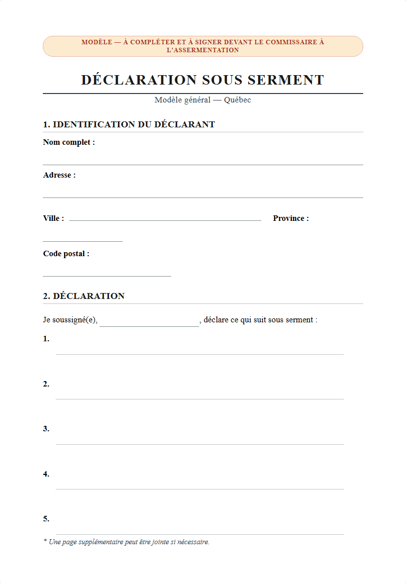 Sworn Declaration Template — Québec
