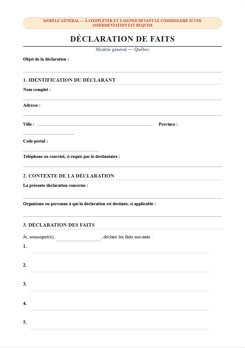 Modèle de déclaration de faits au Québec