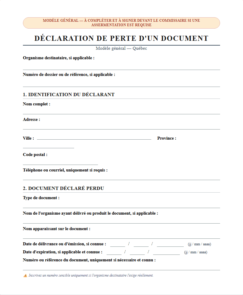Statement of Lost Document Template — Québec