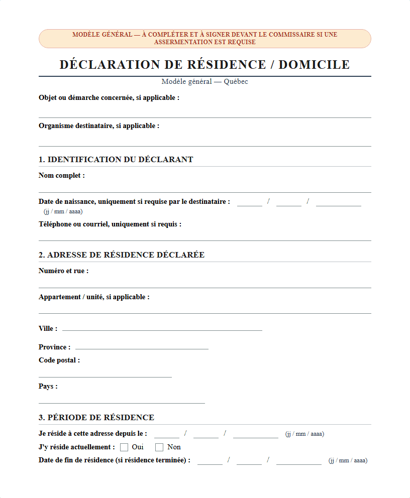 Modèle de déclaration de résidence au Québec